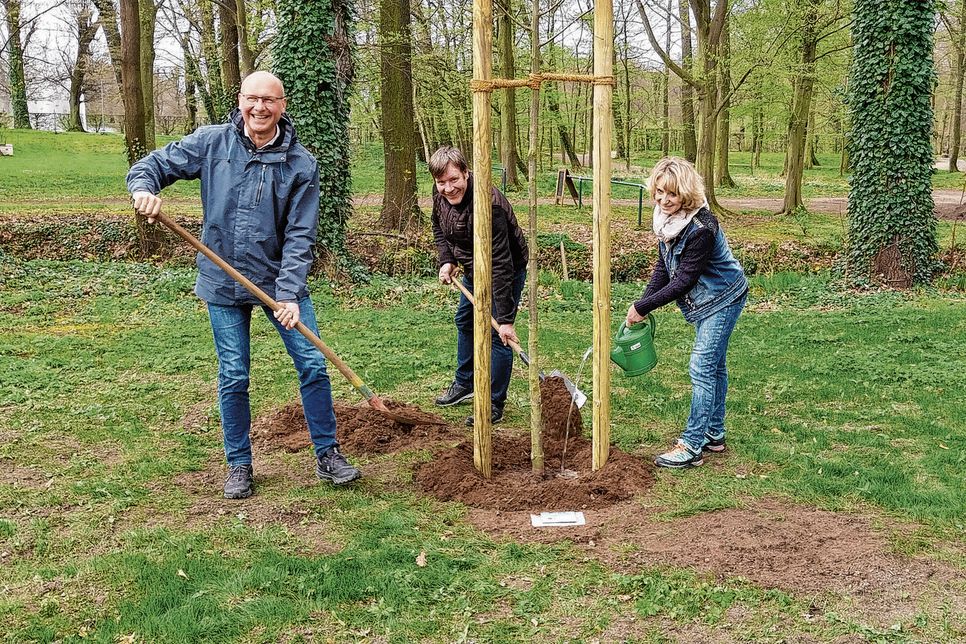 Mattias Schmieder, Dr. Sven Mißbach und  Nancy Neumann (v.l.n.r.) bei der Baumpflanzung.