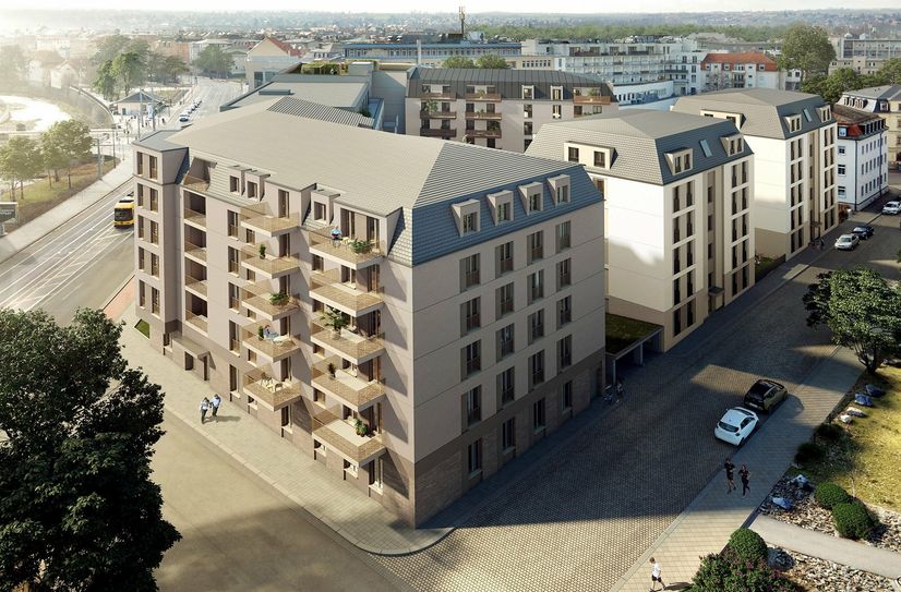 Entwurf, der den geplanten Komplex »Löbtauer Tor« aus der Vogelperspektive zeigt.
