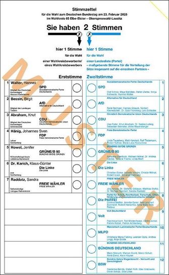 Der Stimmzettel für den Wahlkreis 65 zur Bundestagswahl am 23. Februar.