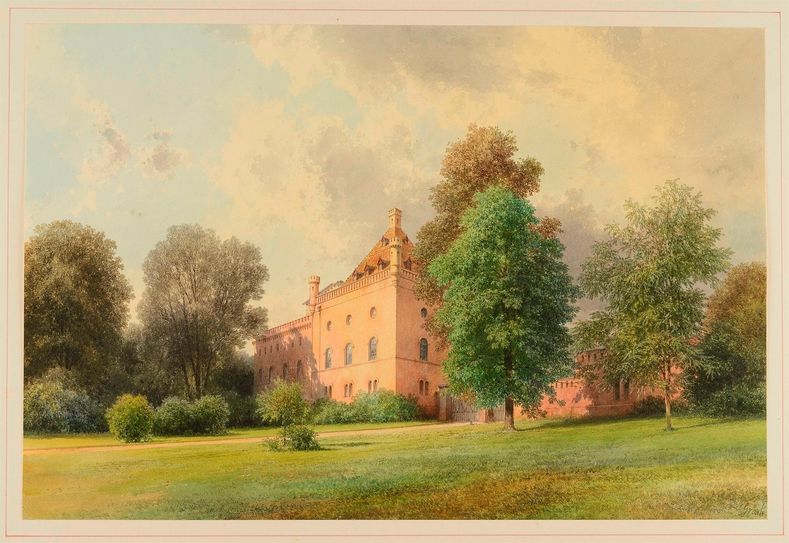 Muskauer Aquarellzyklus, Carl Graeb (1816-1884): Brauerei und Niederländischer Hof.