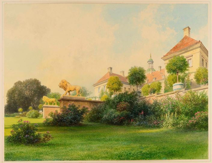 Muskauer Aquarellzyklus, Carl Graeb (1816-1884): Blick von der Schlosswiese auf die Schlossrampe.