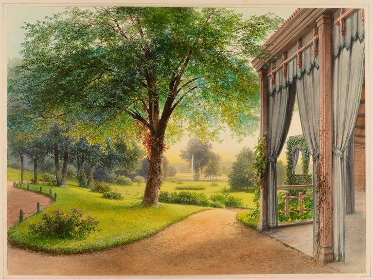 Muskauer Aquarellzyklus, Carl Graeb (1816-1884): Blick von der Moosgalerie.