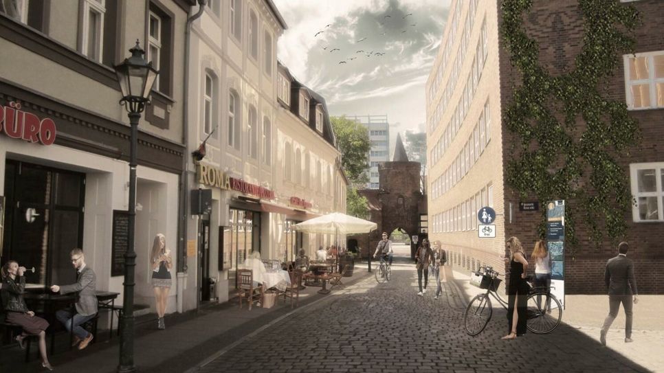 Ein zukünftiger Blick in die Marktstraße Richtung Lindenpforte. Höhere Aufenthaltsqualitäten und mehr Platz für Außengastronomie könnten hier durch verkehrsberuhigte Bereiche entstehen. Grafik: Julian Schloddarick / Stadt Cottbus
