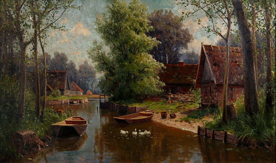 Das 60 x 100 Zentimeter große Werk »Frühling im Spreewal« von Walter Moras, Öl auf Leinwand.
