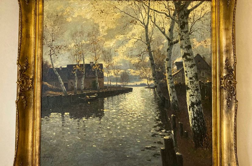 Gemälde von Max Fritz »Herbststimmung im Spreewald« um 1905, 125 Zentimeter x 125 Zentimeter.