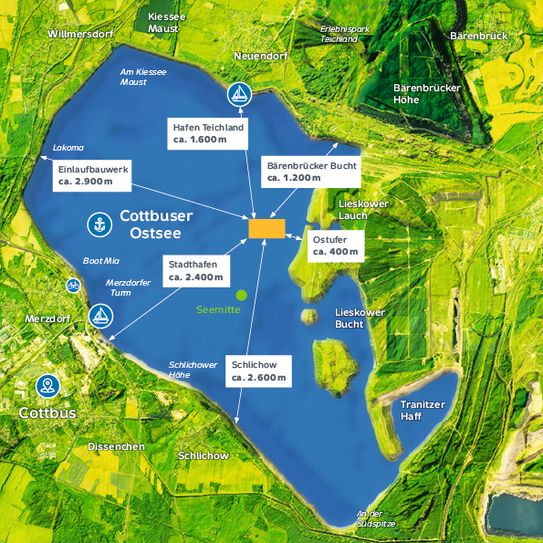 Karte vom Cottbuser Ostsee mit dem Standort für die Floating-PV. Grafik: LEAG