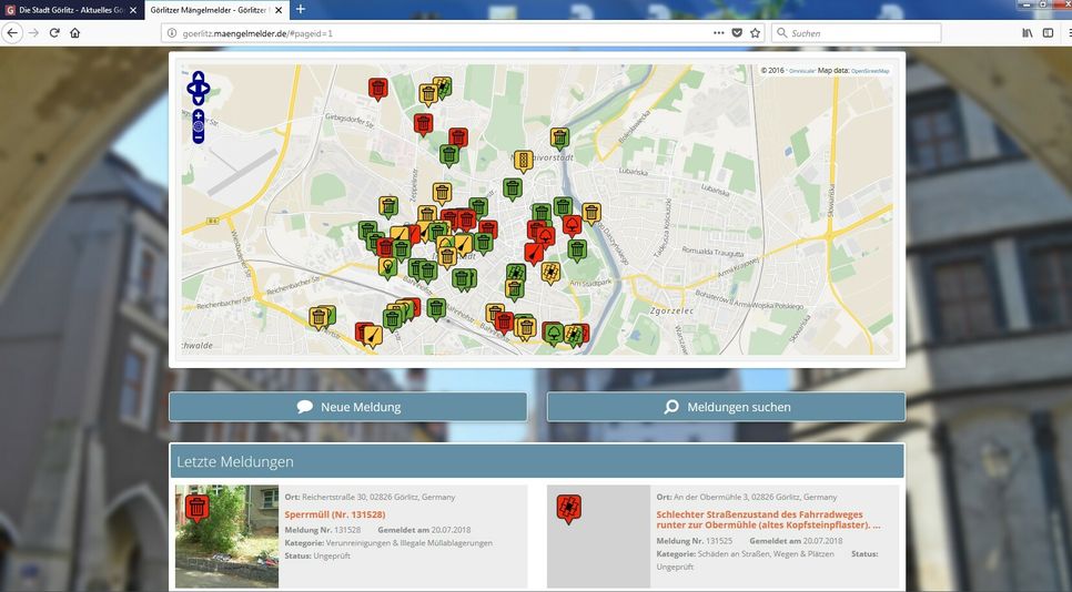 Auf der Website https://goerlitz.maengelmelder.de lassen sich ebenfalls Mängel melden. Screenshot: Keil
