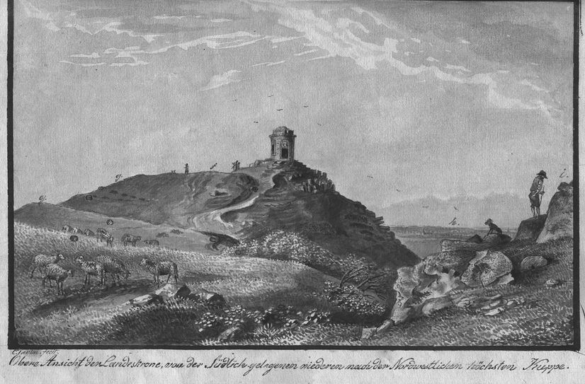 Zeichnung (Tusche) von Carl Levin, 1834: »Obere Ansicht der Landeskrone, von der südlich gelegenen niederen nach der nordwestlichen höchsten Kuppe.« Akten der Altertumssection der Naturforschenden Gesellschaft in Görlitz.