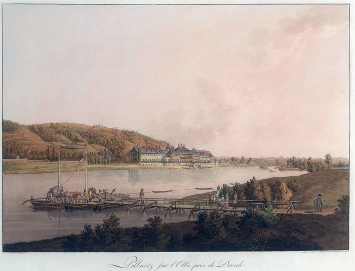 Die Fährstelle Kleinzschachwitz mit einfacher Gierseilfähre um 1794. Quelle: SLUB Dresden/Deutsche Fotothek