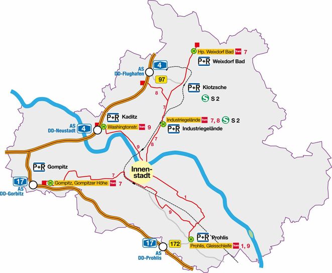 Park-und-Ride-Plätze (P+R) in Dresden. Quelle: Dresdner Verkehrsbetriebe AG