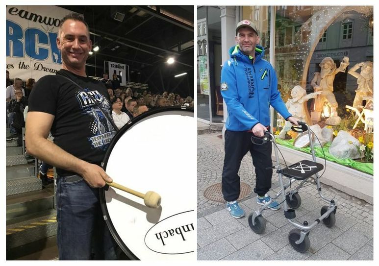 (links) Robert vor wenigen Jahren bei der lautstarken Unterstützung der Cheerleader und (rechts) Robert heute beim Stadtspaziergang. Fotos: Privat