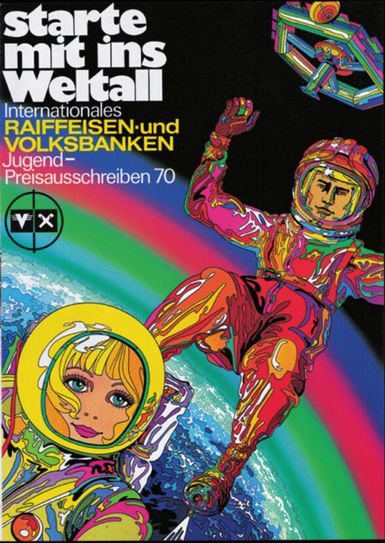 Das Wettbewerbsmotiv des 1. Internationalen Jugendwettbewerbs der Volksbanken und Raiffeisenbanken 1970 zum Thema »Starte mit ins Weltall«. Motivfoto: BVR