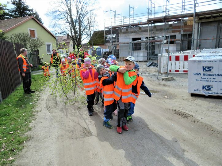 Beim Richtfest trugen die Jungen und Mädchen aus der »Krabat«-Kita die Birke bis zum neuen Gebäude und begrüßten Bauleute sowie Vertreter der Stadt, der AWO und weitere Besucher mit einem kleinen Programm. Foto: Silke Richter