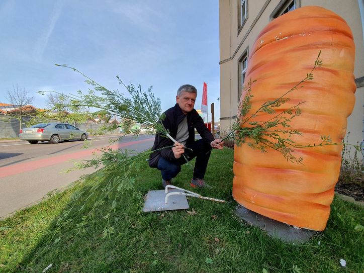 Falko Weigelt, Inhaber von Küchen Weigelt, Musterhaus Küchenfachgeschäft, muss nunmehr den zweiten Anschlag auf die Dekoration vor seinem Geschäft verkraften. Er will diese nunmehr neu anschaffen. Foto: Daniel Förster