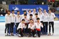 Siegerehrung: 5.000 Meter Männer (Japan, China, Ungarn).