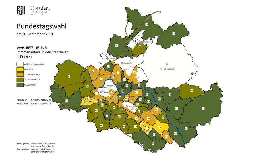 Die Wahlbeteiligung nach Stadtteilen (dunkelgrün=hoch; gelb=niedrig): Die meisten Wähler (im Verhältnis zu den wahlberechtigten Einwohnern) schafften es in Loschwitz/Wachwitz zur Wahlurne (insgesamt 88,7 Prozent). In Prohlis-Süd war die Wahlbeteiligung mit 57,8 Prozent am geringsten. Grafik: Kommunale Statistikstelle der Landeshauptstadt Dresden