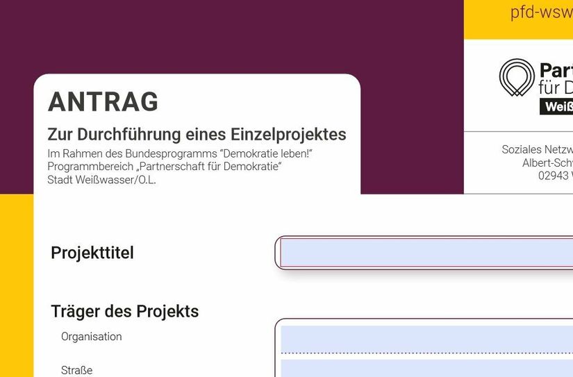 Auf der Website von Partnerschaft für Demokratie Weißwasser gibt’s das Formular für einen Projektantrag als Download.
