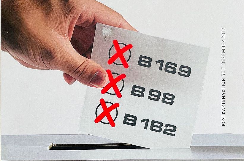Die neue Postkarte zur Mahnung des Wirtschaftsforums zum Weiterbau der B169n beschäftigt sich mit den unzähligen, offenen Wahlversprechen.