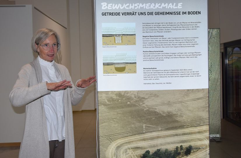 Dr. Cornelia Rupp führt durch die Wanderausstellung zum Thema Luftbildarchäologie.