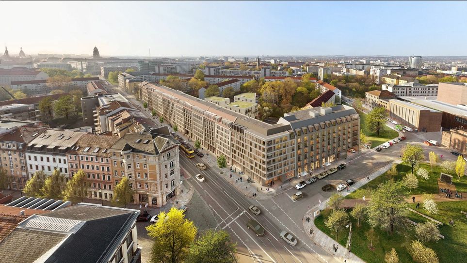 Nordwestliche Perspektive auf die neuen Wohnungen und das HOTEL INDIGO am Wettiner Platz
