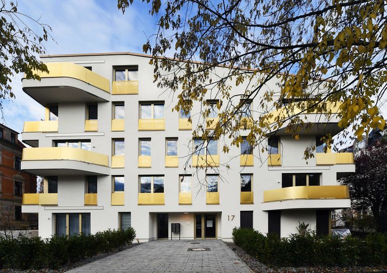 Das "schlaue Haus" der Zukunft steht auf der Haydnstraße im Stadtteil Johannstadt und ist auch optisch ein Hingucker. Foto: Männel/ddbd