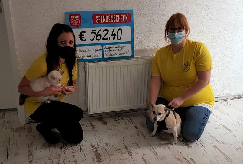 Freuen sich über die Spende: Vereinsmitglied Samanta Bea mit Mieze Lilly (li.) und die Vereinsvorsitzende Stephanie Schneider mit Mischlingshund Gretchen. Ft.: FF