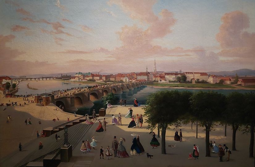 Blick von der Brühlschen Terrasse auf die Neustadt Mitte des 19. Jahrhunderts - Gemälde von Franz Wilhelm Leuteritz im Stadtmuseum Dresden.