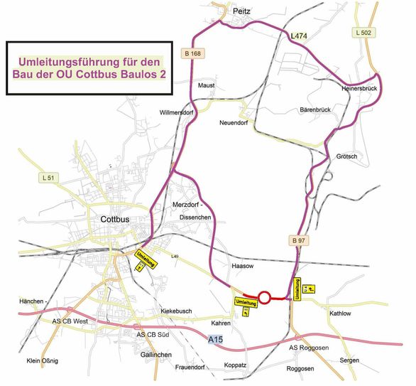 Umleitungsführung für den Bau der Ortsumfahrung Cottbus