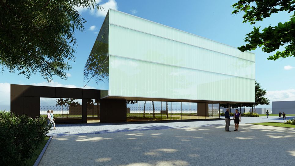 So sieht die Außenansicht der neuen Turnhalle auf dem Gelände der Allende-Oberschule aus.