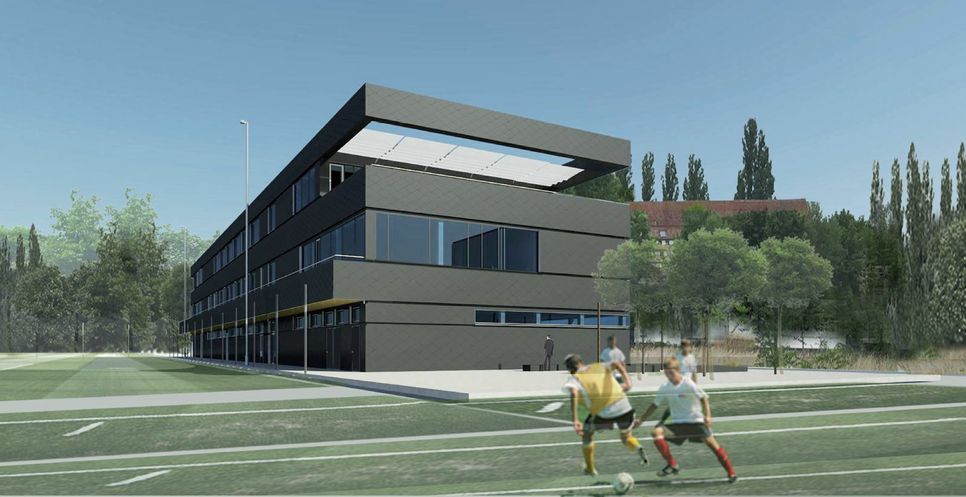 Visualisierung des Funktionsgebäudes auf dem künftigen Trainingszentrum für die U17 und die U19 der SG Dynamo Dresden e. V. im Sportpark Ostra. Hier der Blick von Süden mit den Sportfreiflächen... (Copyright: Architekturbüro O+M, Dresden)