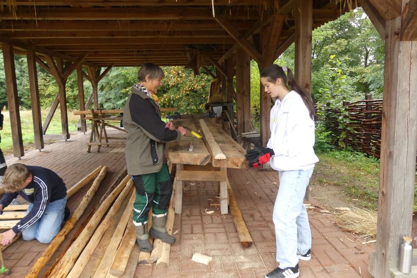 Schüler bauen mit Holz.