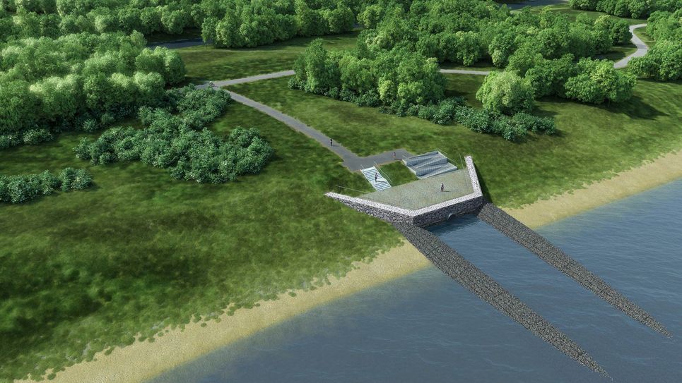 So soll das künftige Einlaufbauwerk des Ostsees aussehen. Es leitet Spreewasser vom Hammergraben in den künftigen See ab. Grafik: LEAG