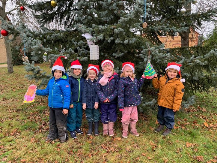 Die Kinder der Kita Sonnenschein vor dem geschmückten Weihnachtsbaum. Foto: pm