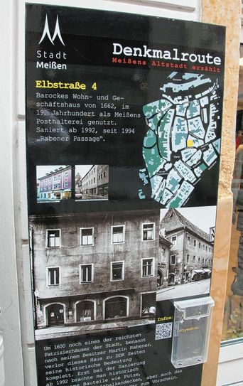 Zusätzlich wurden im Rahmen des Ausstellungsprojektes in der Innenstadt Erinnerungstafel aufgestellt, die einen Stadtrundgang durch das alte Meißen ermöglichen sollen. Foto: Farrar