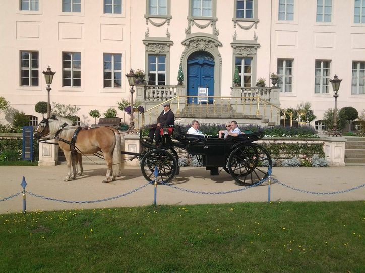 Malerisch: Die Kutsche fährt vor dem Branitzer Schloss vor. Das können Gäste und Cottbuser auch dieses Jahr erleben. Foto: CMT