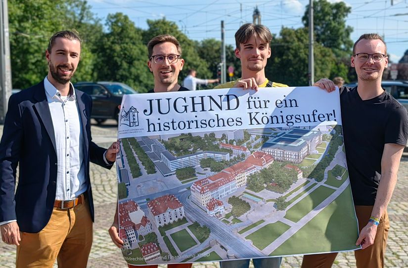 Leon Furkert, Bertrand Zunker, Constantin Wirth und Dennis Pepke wollen junge Dresdnerinnen und Dresdner für schönes, wertiges Bauen begeistern. Wer mitmachen möchte, ist gern gesehen.