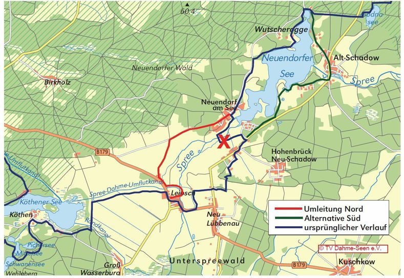 Kartenausschnitt mit den angegebenen Umleitungen. Quelle: Landkreis Dahme-Spreewald