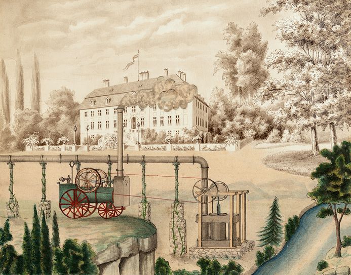 Die historische Dampfmaschine vor dem Schloss Branitz ist ab sofort in der Ausstellung im Marstall zu erleben. Foto: SFPM