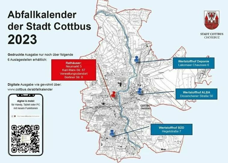 Ab dem 12. Dezember liegt die gedruckte Version des Cottbuser Abfallkalenders 2023 in den Foyers der beiden Rathäuser (Neumarkt, Karl-Marx-Straße), beim Amt 70 in der Berliner Straße 6 und auf allen drei Wertstoffhöfen jeweils während der Öffnungs- und Sprechzeiten zur Abholung bereit.