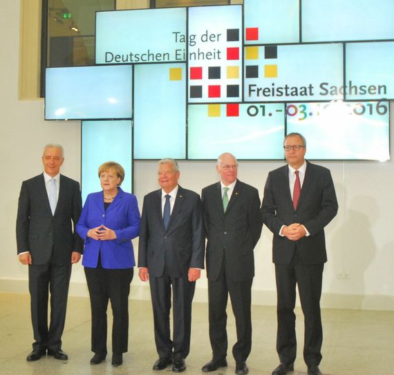 Heute morgen im Verkehrsmuseum: Ministerpräsident Stanislaw Tillich, Bundeskanzlerin Angela Merkel, Bundespräsident Joachim Gauck, Norbert Lammert, Präsident des Deutschen Bundestages und Andreas Voßkuhle, Präsident des Bundesverfassungsgerichts.