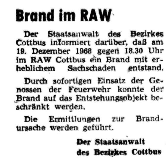 Lausitzer Rundschau vom 20. Dezember 1968. Quelle: Stadtarchiv Cottbus