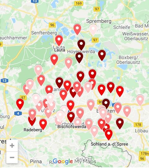 Auf der interaktiven Karte werden alle Städte und Gemeinden mit den jeweiligen Fallzahlen benannt. Foto: Screenshot/Google maps