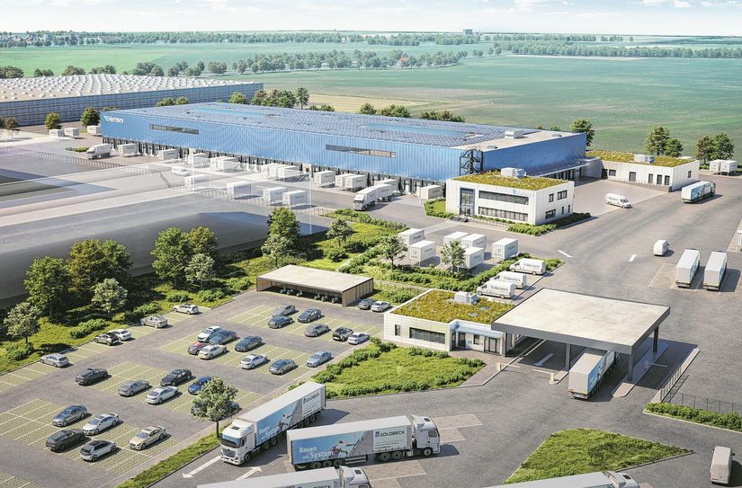 Visualisierung des neuen Sortier- und Verteilzentrums von Hermes Germany, das in Thiendorf bei Dresden gebaut wird.