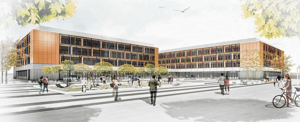 Der künftige Schulcampus im ehemaligen Straßenbahnhof Tolkwitz. Visualisierung: Architekten Zimmermann