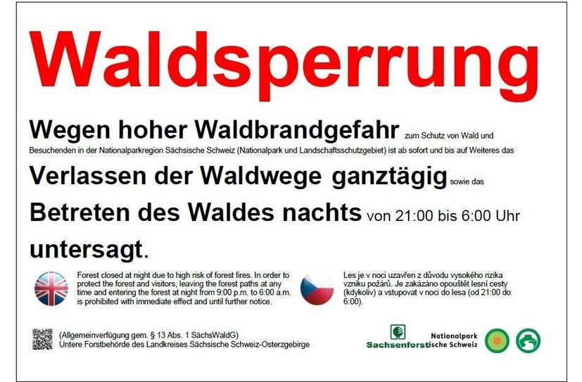 Landratsamt Sächsische Schweiz-Osterzgebirge verfügt nächtliches Betretungsverbot der Wälder.