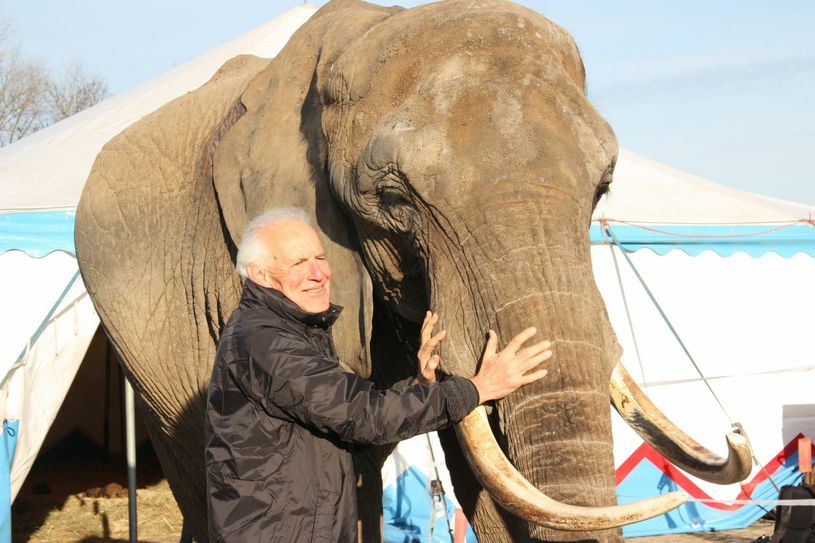 Dr. Immanuel Birmelin (hier 2015 in Dresden mit Elefanten von Sonni Frankello) ist davon überzeugt, dass gute Tierlehrer eine ganz besondere Form der Kommunikation mit ihren Tieren demonstrieren. Und dass die Tiere Spaß an der Herausforderung haben. Foto: Zänker