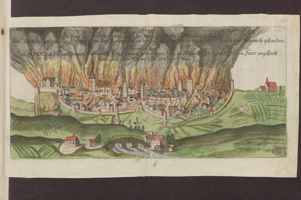 Das brennende Bautzen 1634, In: Samuel Großer: Lausitzische Merckwürdigkeiten, Leipzig/Bautzen 1714