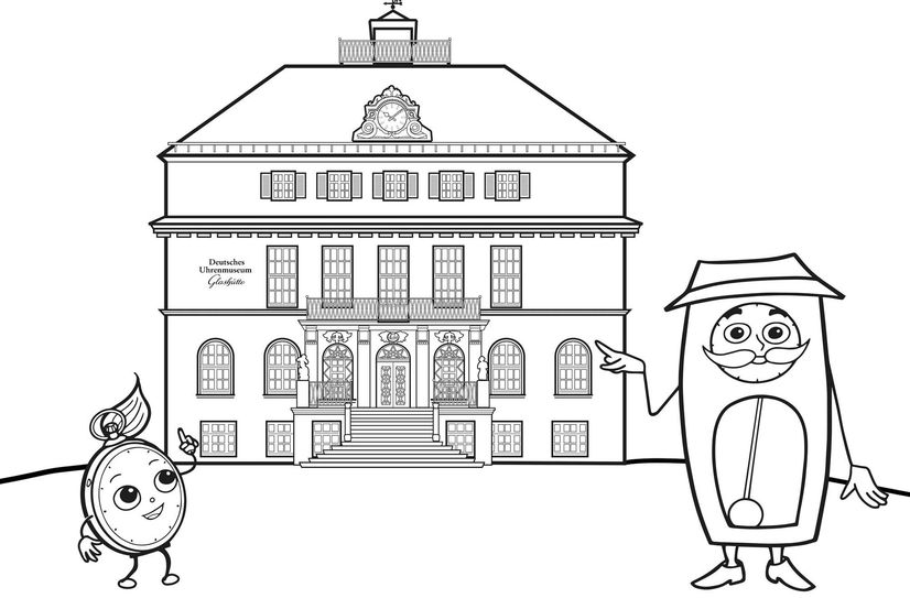 Ausmalbild mit den Museums-Maskottchen Taschi und Pendelino.