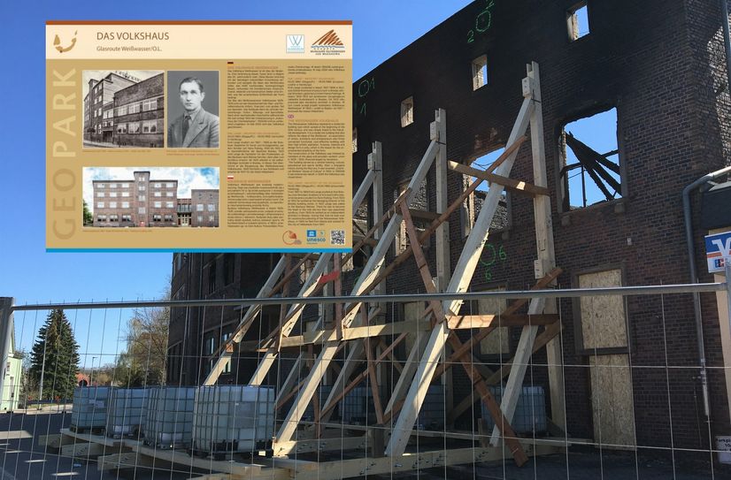 Nach dem Brand musste die Wand an der Görlitzer Straße lange gestützt werden. Die Stützen sind inzwischen verschwunden. Die neue Infotafel wurde am 25. April 2022 offiziell eingeweiht.