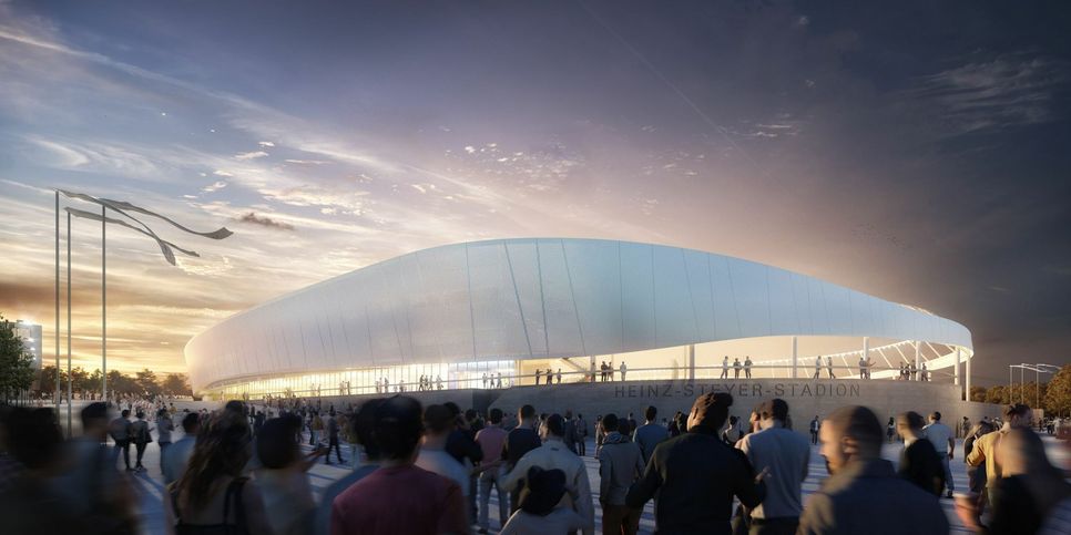 Schickes neues Stadion für 15.000 Zuschauer und 5.000 überdachten Plätzen - so könnte die Arena 2023 aussehen. Visualisierungen: ARGE BAM Sports GmbH/BAM Deutschland AG, O+M ARCHITEKTEN, phase 10.